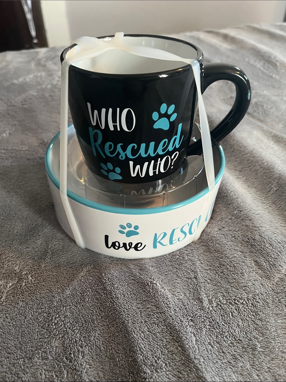 Who Rescued Who? Pet Lover Mug and Bowl Set - Black with Teal Accents